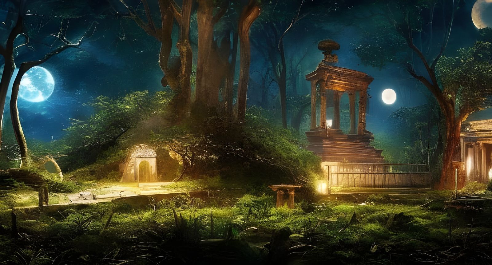 Lush Forest Shrine at Night in Expressionist Style