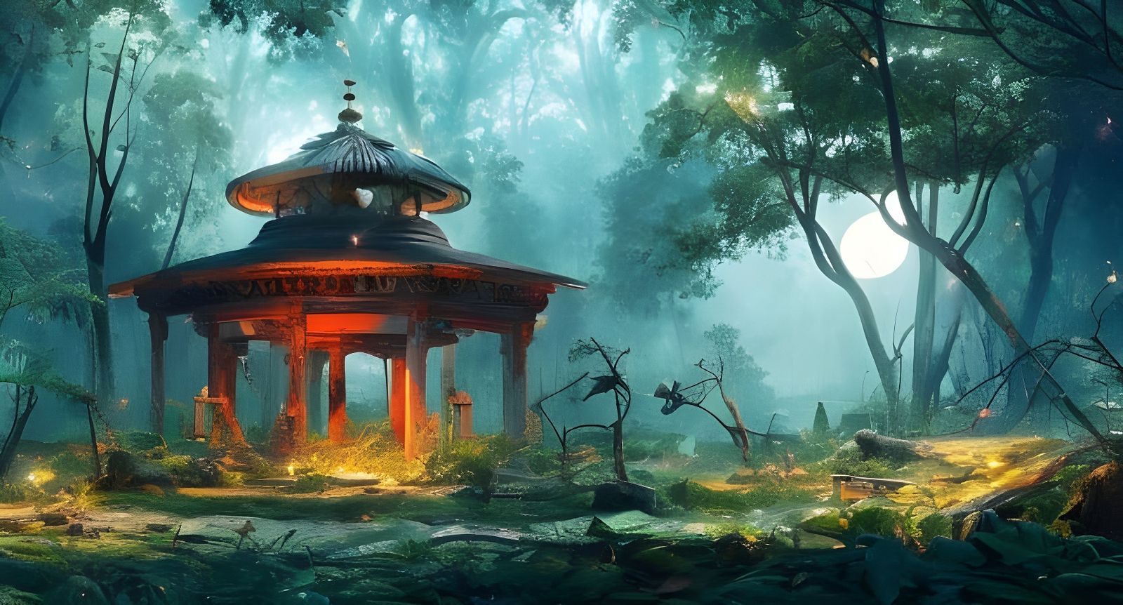 Lush Forest Shrine at Night in Expressionist Style