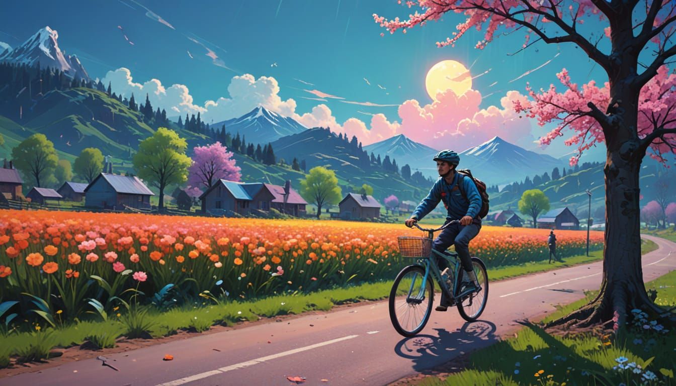 Man on a Bicycle in a Dreamlike Spring Landscape