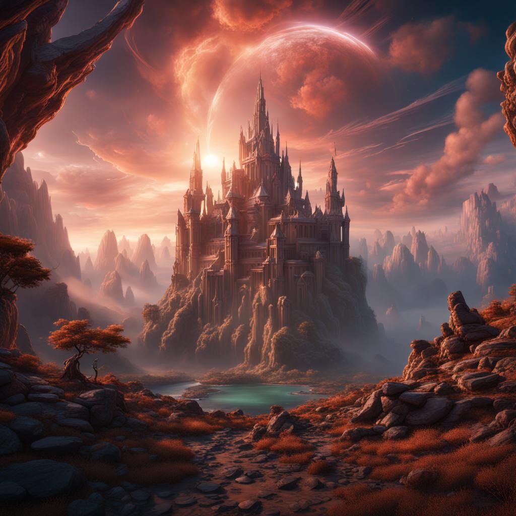 Godlike Figure Above Castle: Fantasy Concept Art