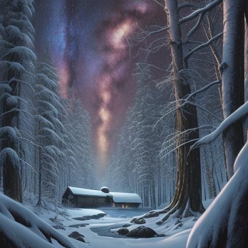 Winter Forest Under Milky Way in Comic Book Style