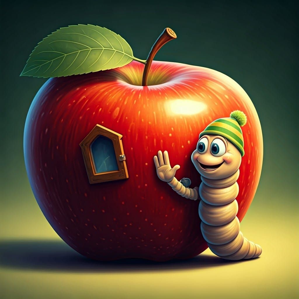 Cartoon Worm's Plea: A Whimsical Apple Encounter