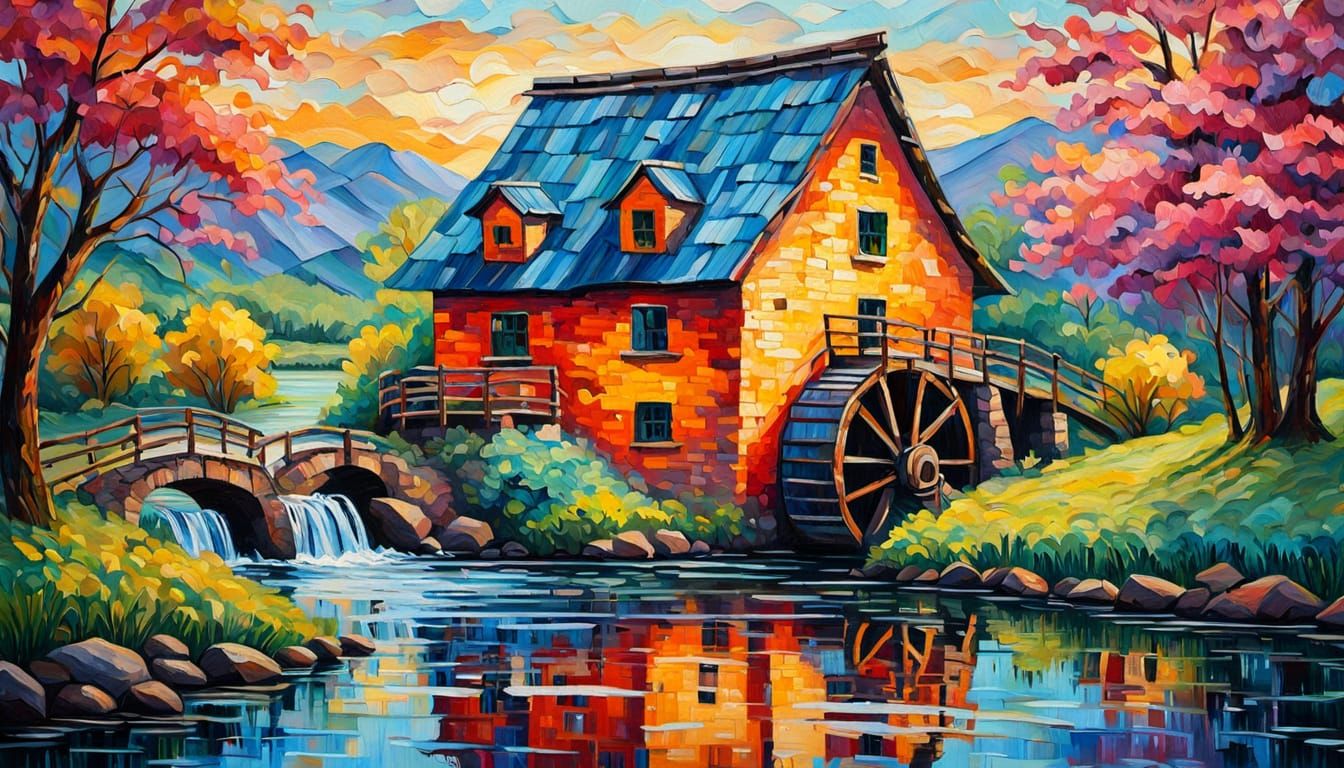 Vibrant Neo-Impressionist Watermill Scene at Sunrise