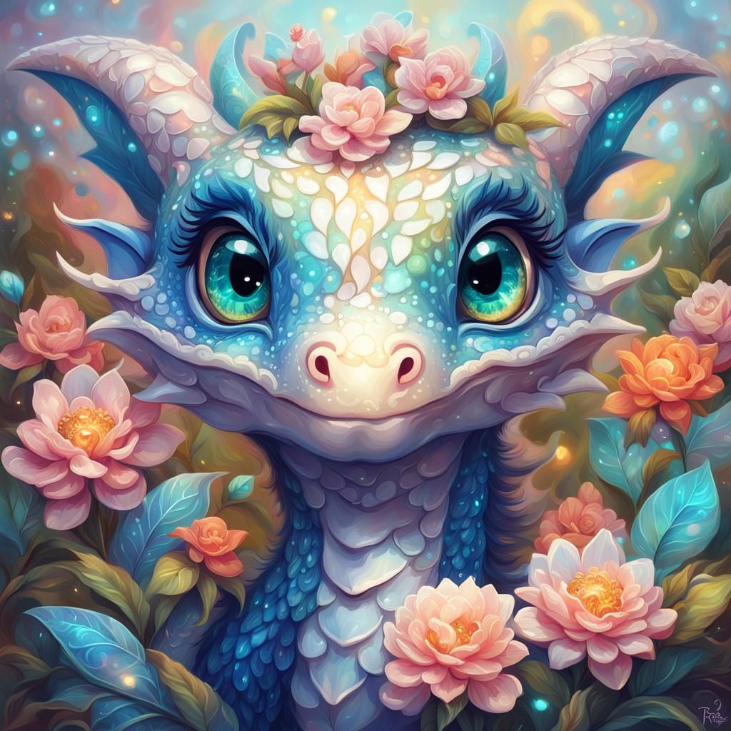 Adorable Holographic Dragon with Flowers: Digital Art