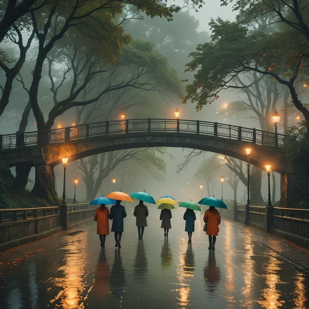 Rainy River Scene with Bridge in Matte Painting Style
