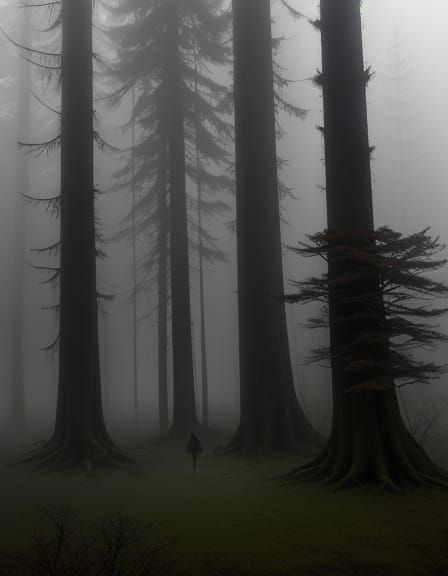 Solitary Traveler in Ethereal Foggy Forest