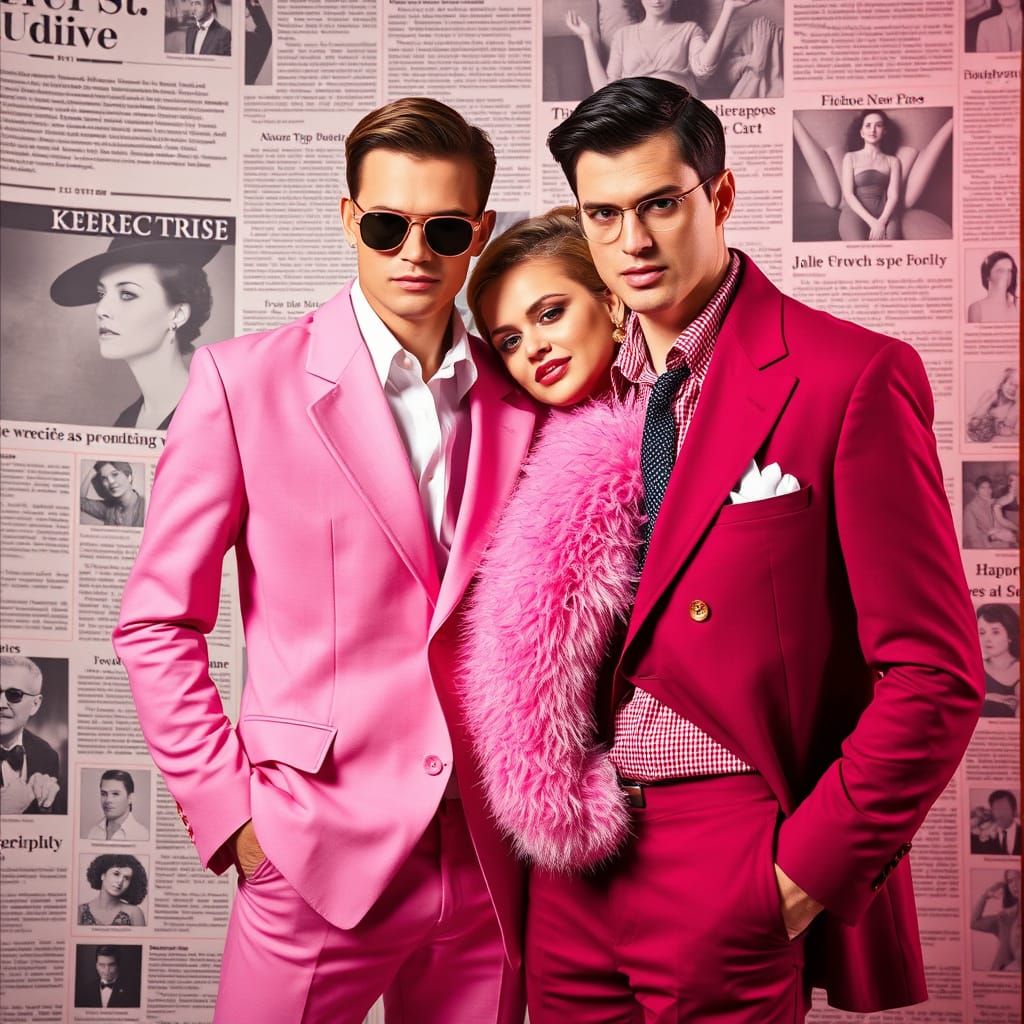 Glamorous Pink Fashion Scene in Vintage Newsprint Style