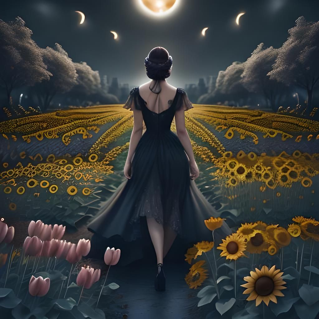 <lora:troyd:1.0> A garden at dusk full of daisies, tulips an...