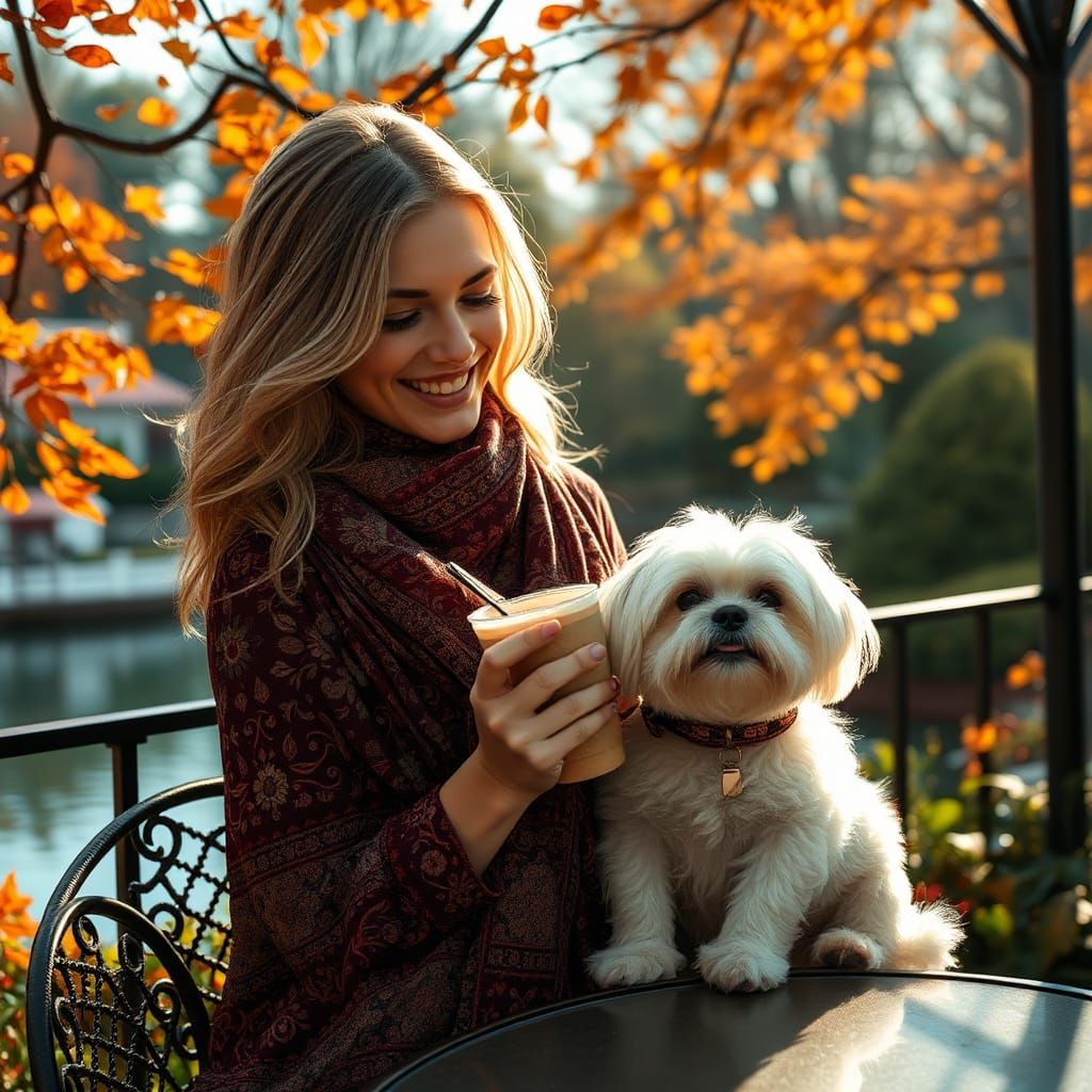 Woman Shares Latte with Dog in Autumn Garden