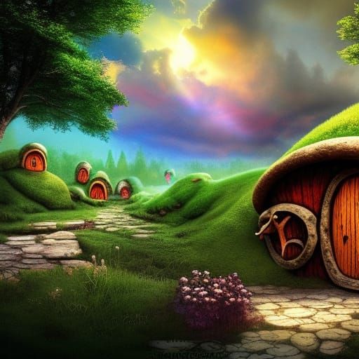 Mushroom Hobbit Houses in Fantasy World