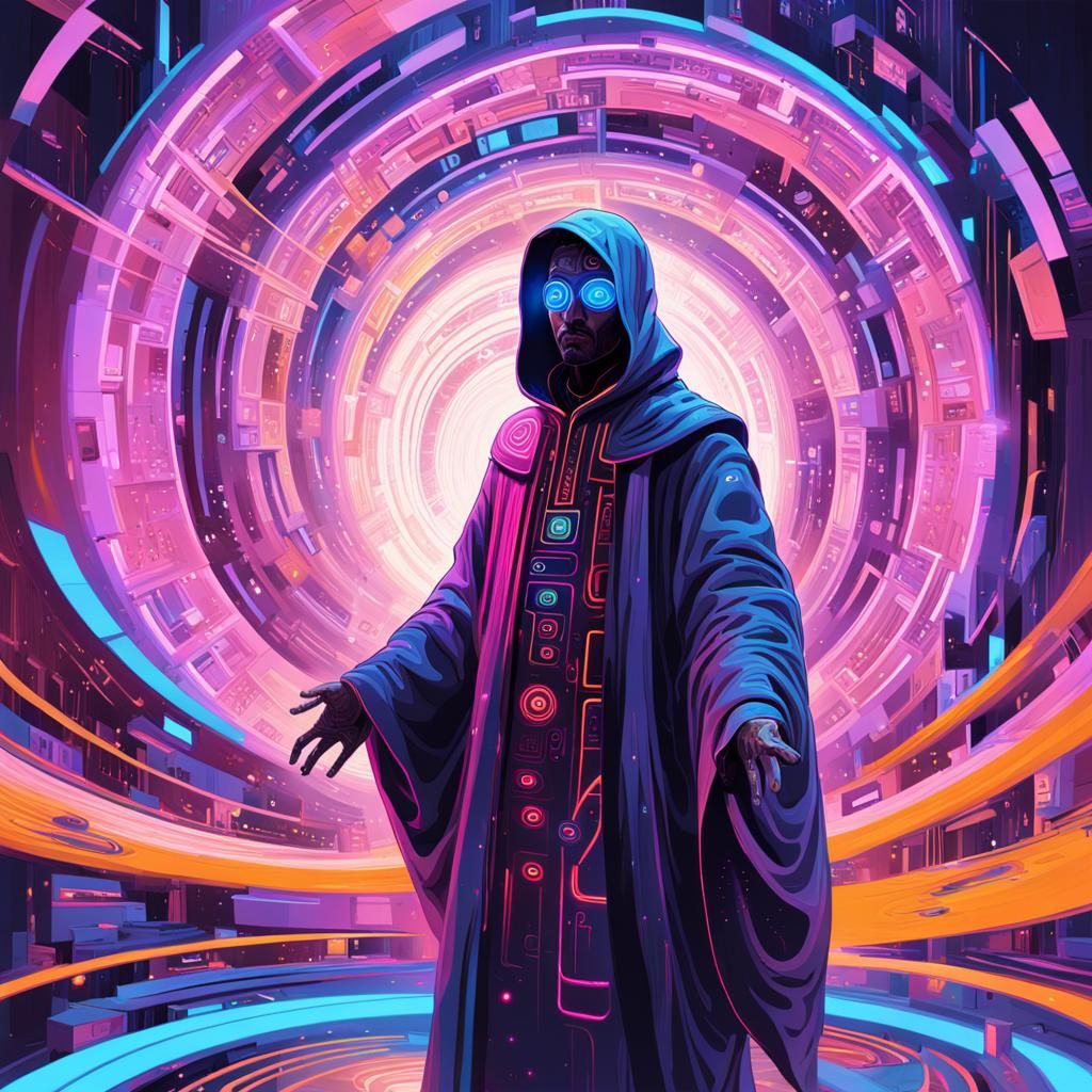 Majestic Figure Heralds Digital Era in Cyberpunk Style