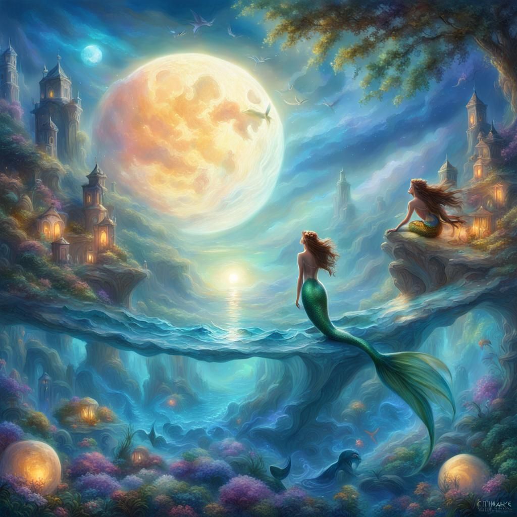 Mermaid and Moon in Blue Eye, Fantasy Art