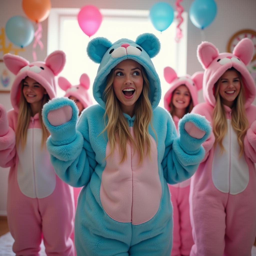 Surprised Woman in Teddy Bear Costume in Nursery