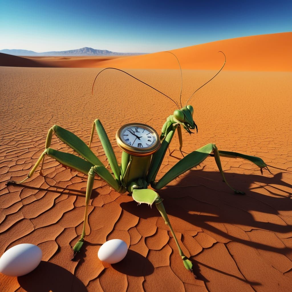 Surreal Desert Scene with Thornback Mantis Hybrid in Hyper-R...