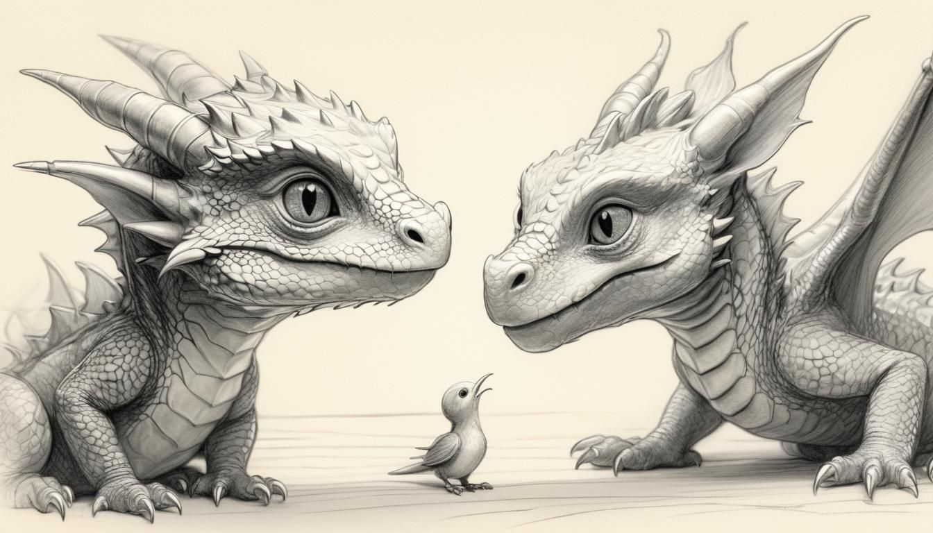 Baby Dragon Inspects Toddler: Pencil Sketch