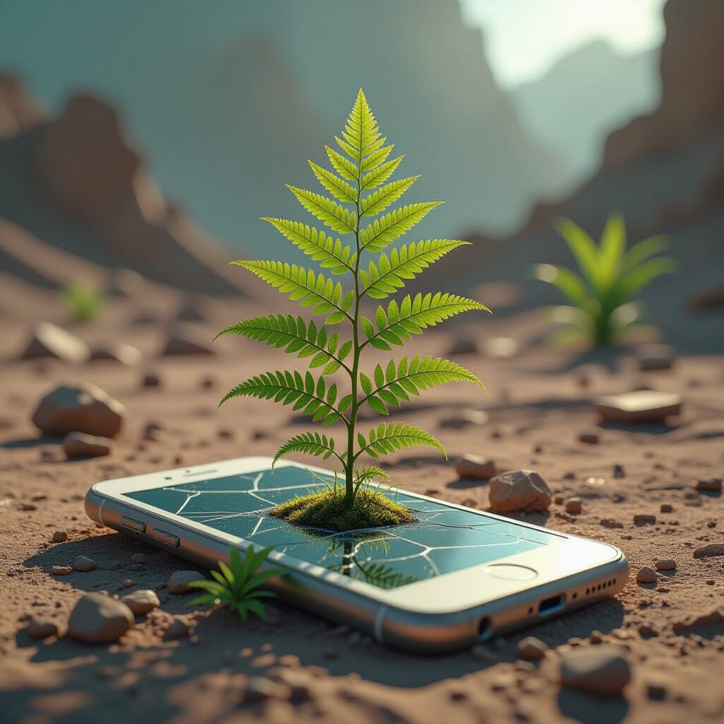 Fern Sprouts from Broken Smartphone: Fantasy Concept Art