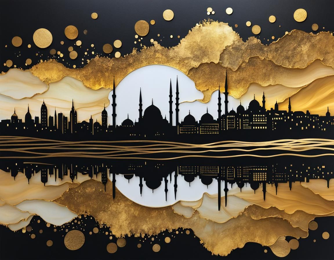 Istanbul Skyline Silhouette in Alcohol Ink Style