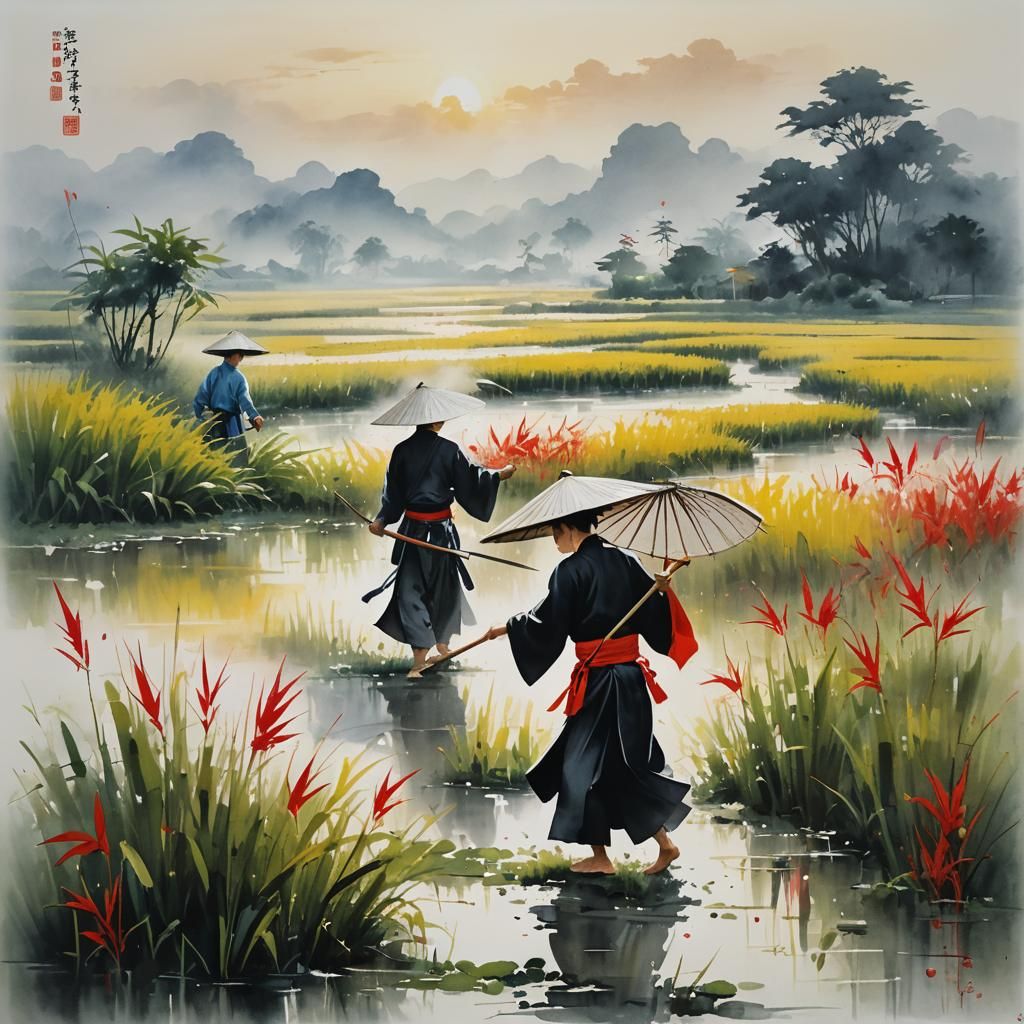 Vietnamese Calligraphy in Watercolour Over Rice Paddy