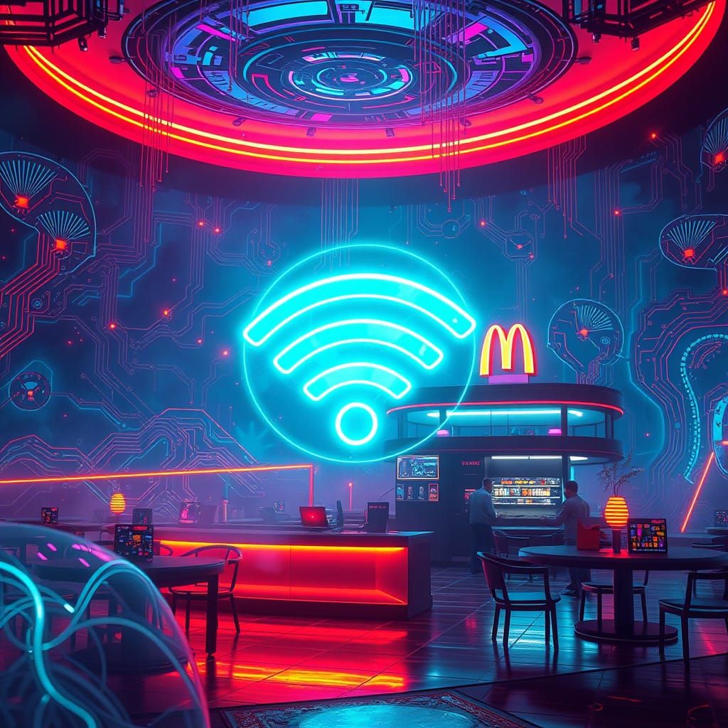Cyberpunk McDonald's Holographic WiFi in Ethereal Futuristic...