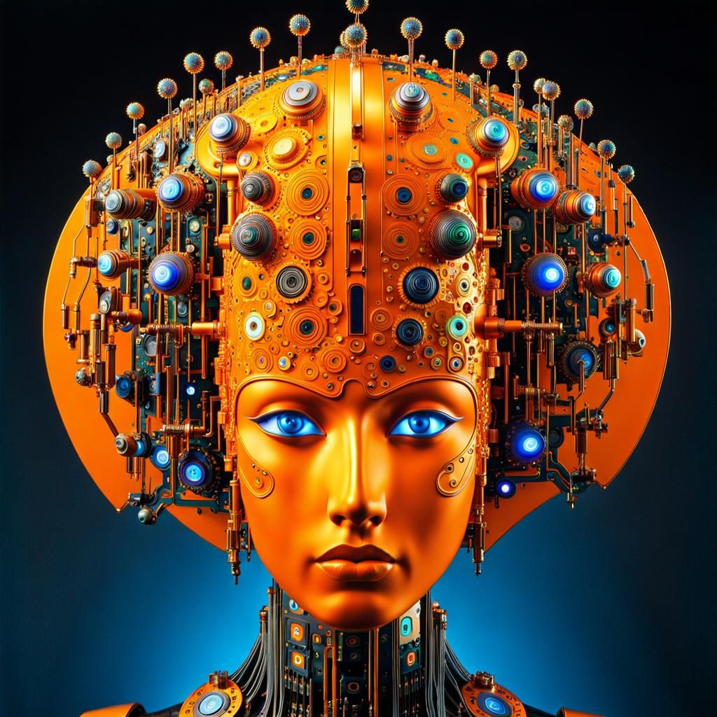 Mechanical Goddess in Klimt Style, Holographic Invasion