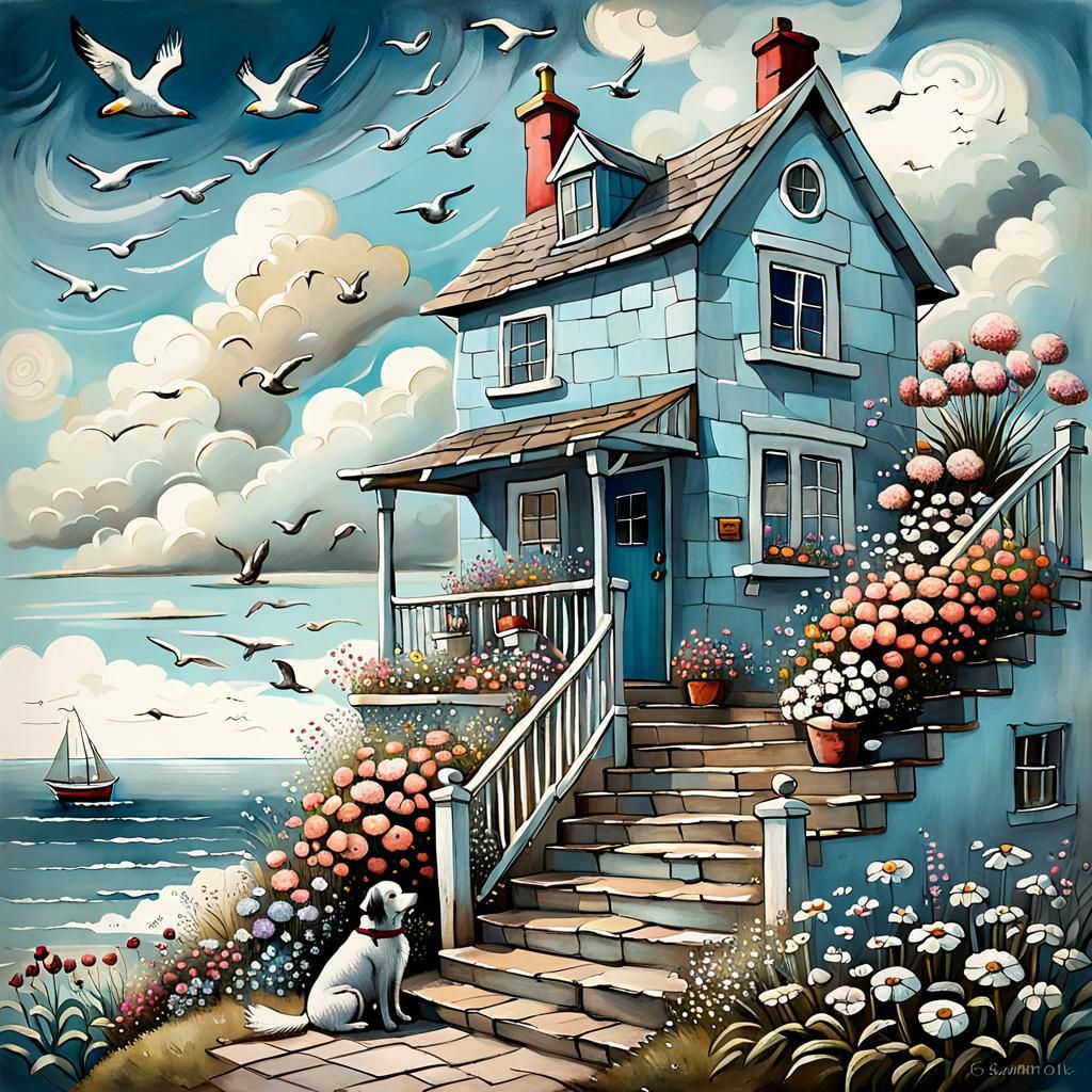 Whimsical Storybook Cottage with Girl and Dog