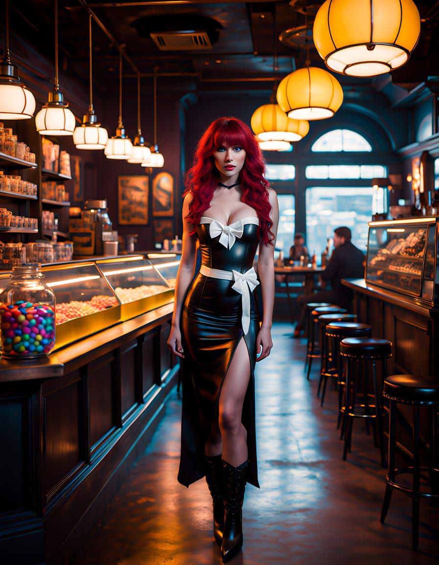 A 25 year old woman with very long, flowing red hair styled ...