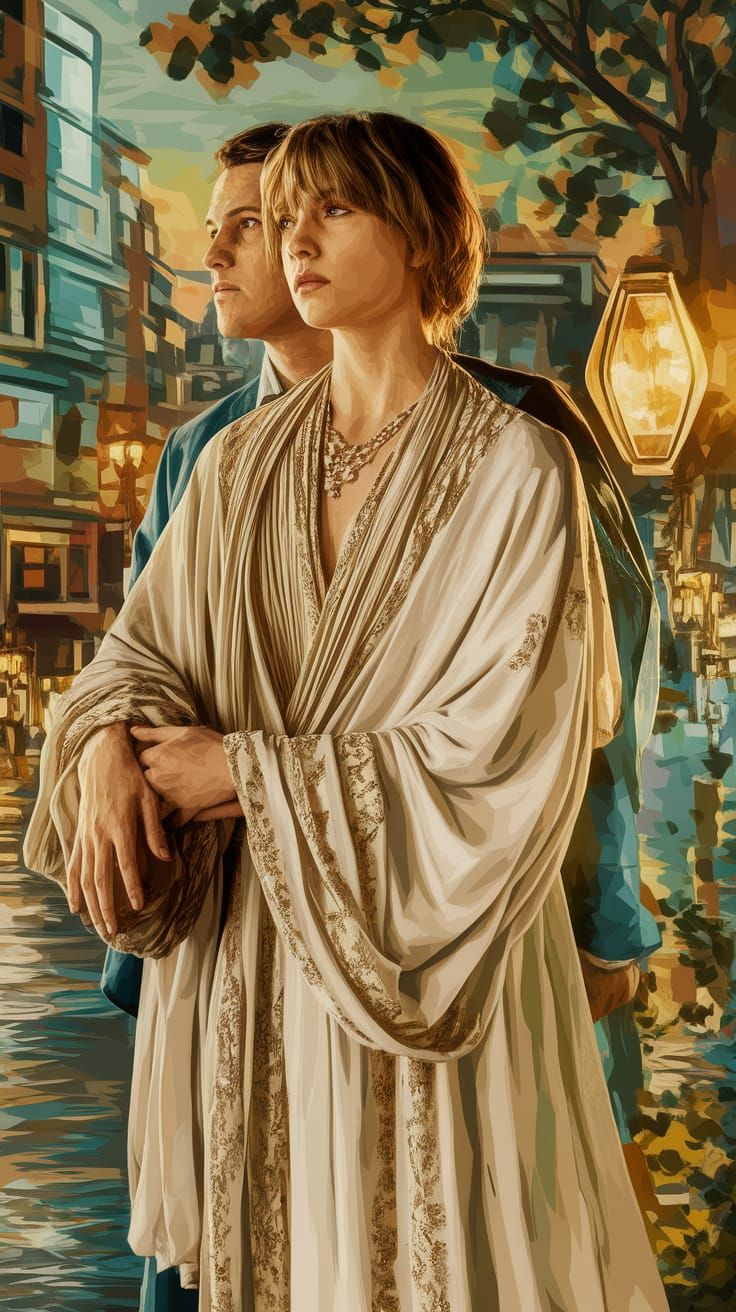 Young Couple in Retro-Futuristic City, Impressionist Style