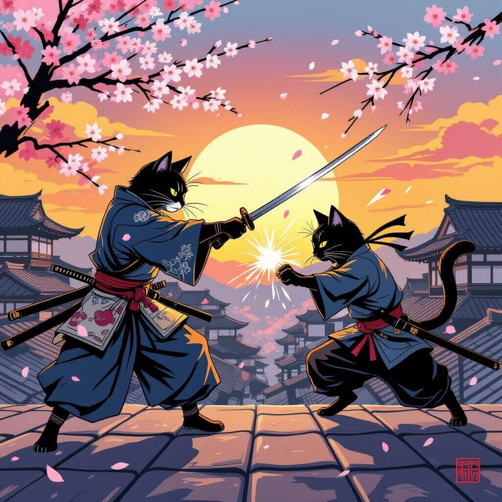 Samurai Cat Duel on Feudal Japanese Rooftops