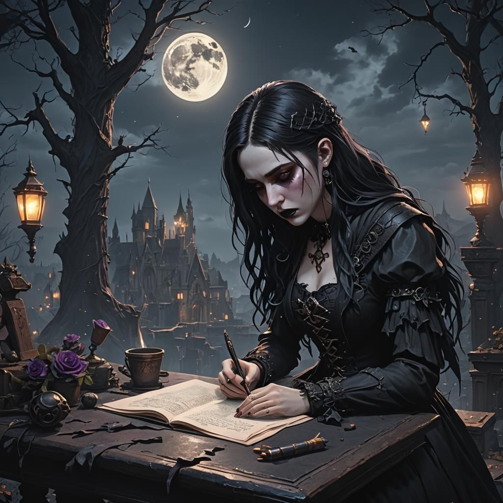 Heartbroken Goth Girl Writes Under Moonlight: Matte Painting