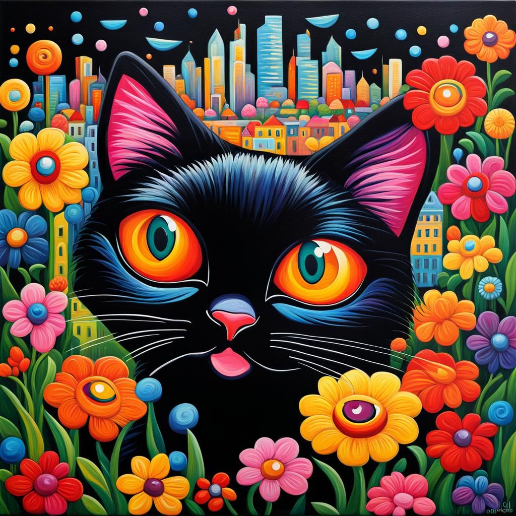 Rainbow Cat with Googly Eyes in Expressionist Style