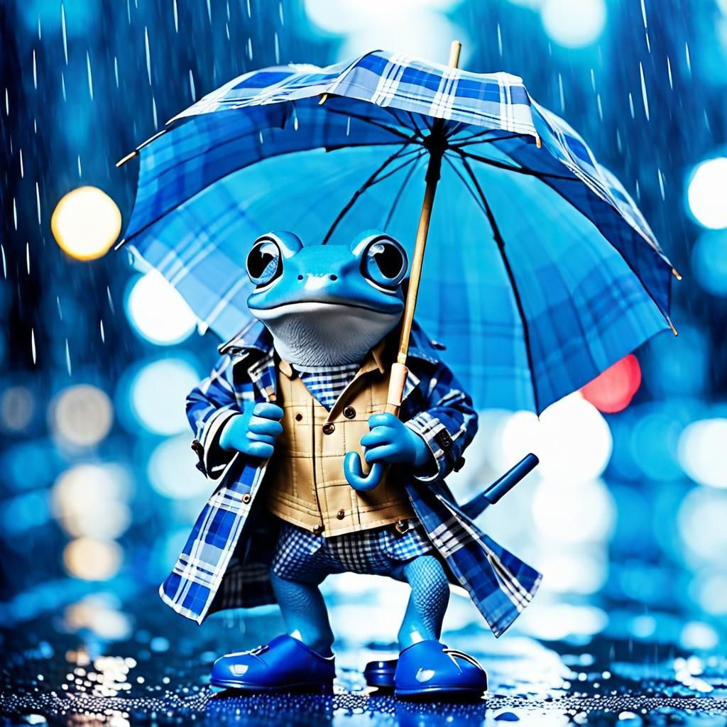 Blue Frog in Rain with Plaid Accessories
