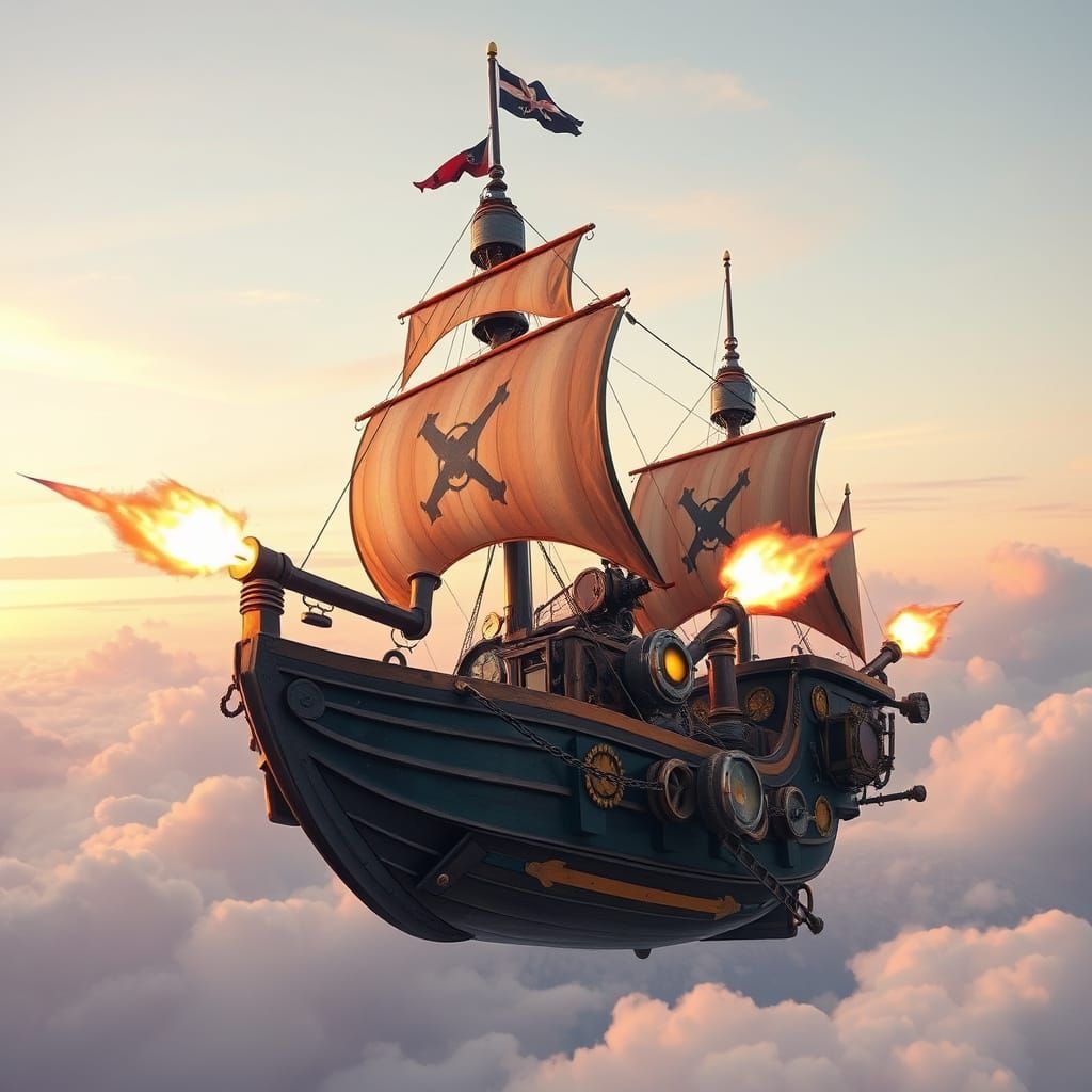 Vibrant Steampunk Pirate Ship Soars Across Pastel Skies