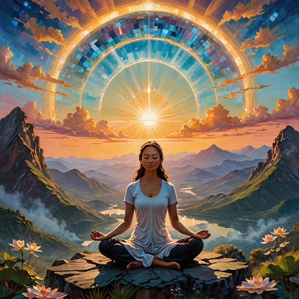 Meditating Woman at Sunrise in Mixed Media Style