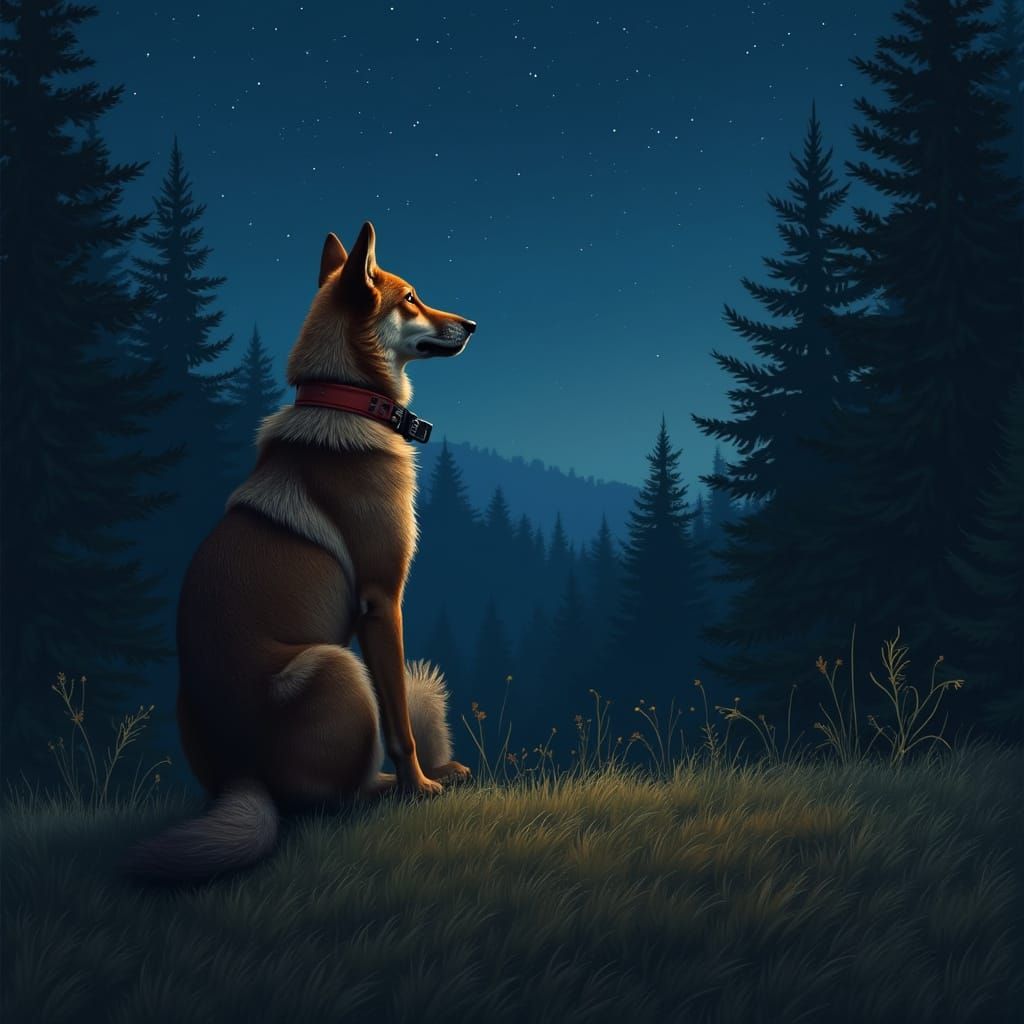 Red Wolf Gazing at Starry Sky, Wildlife Art