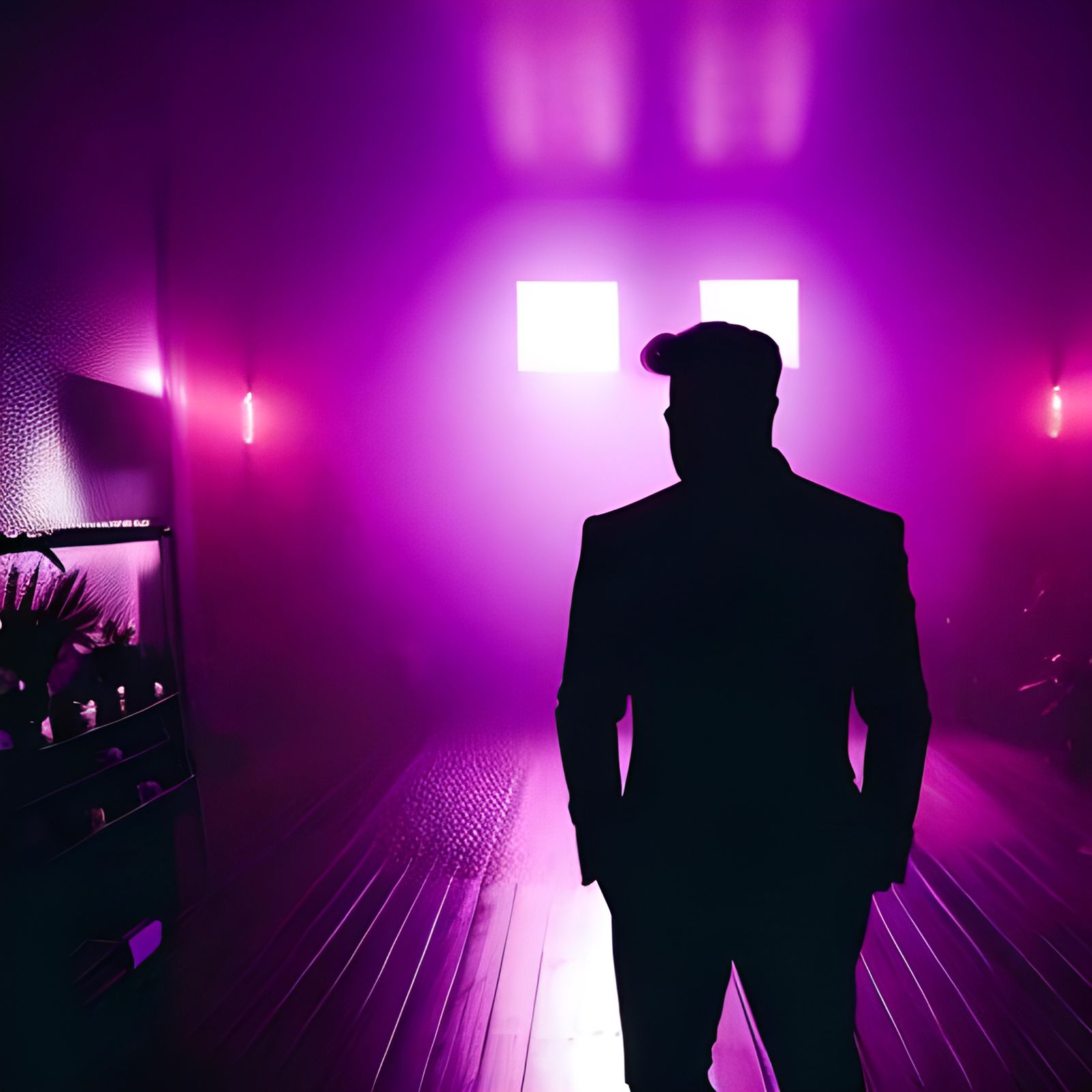 Silhouette in Purple Light: Dark Room Scene