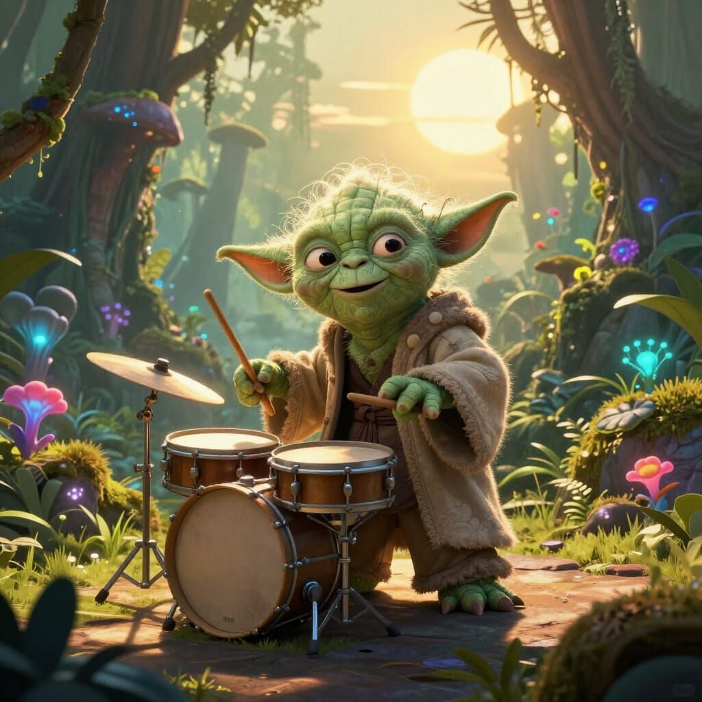 Yoda Drumming Energetically in Alien Jungle