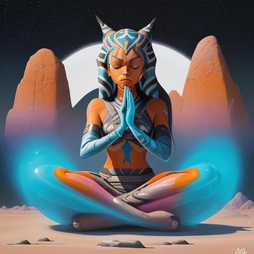 Ahsoka Tano Meditating in Desert, Graffiti Art Style