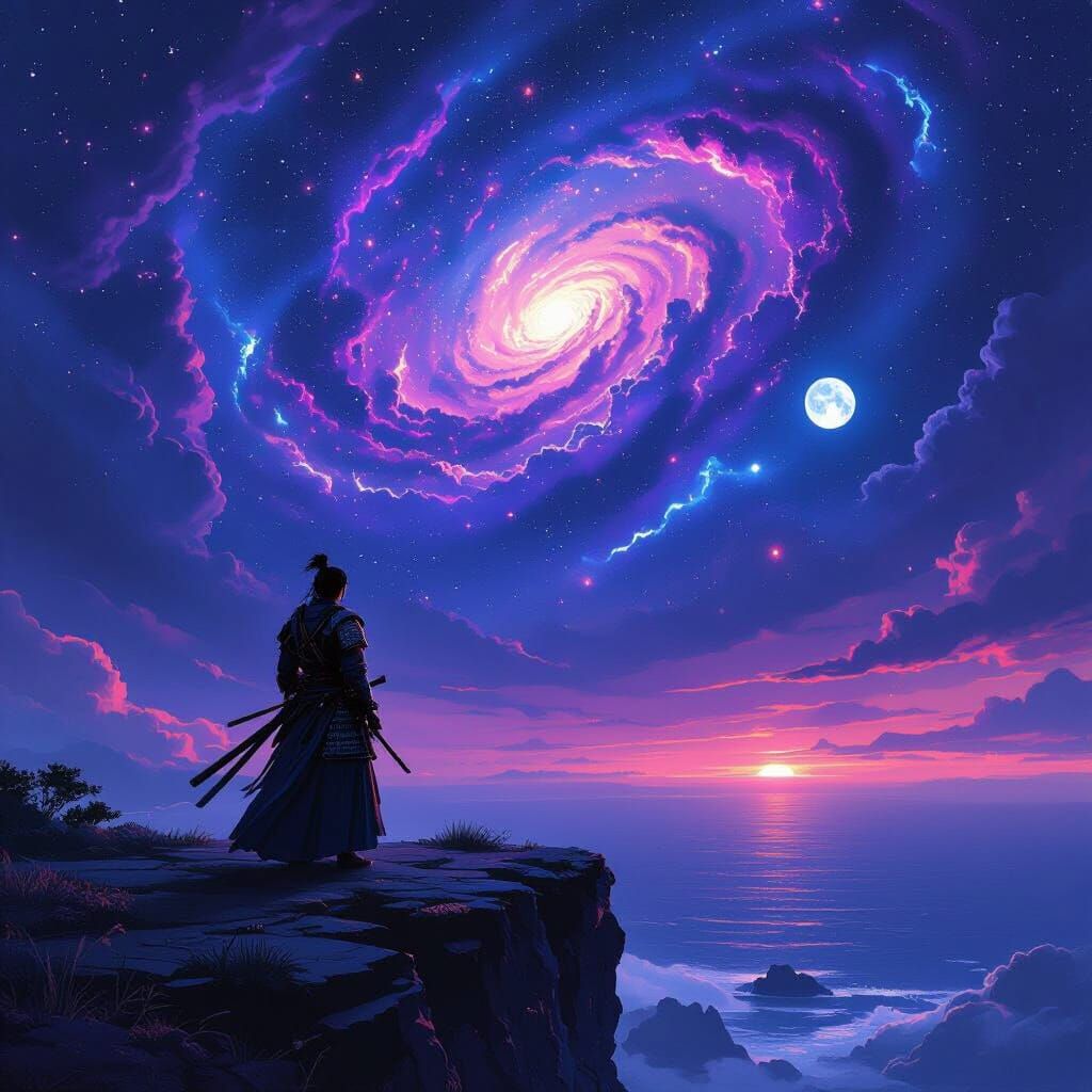 Samurai Gazing at Galaxy in Surreal Matte Painting