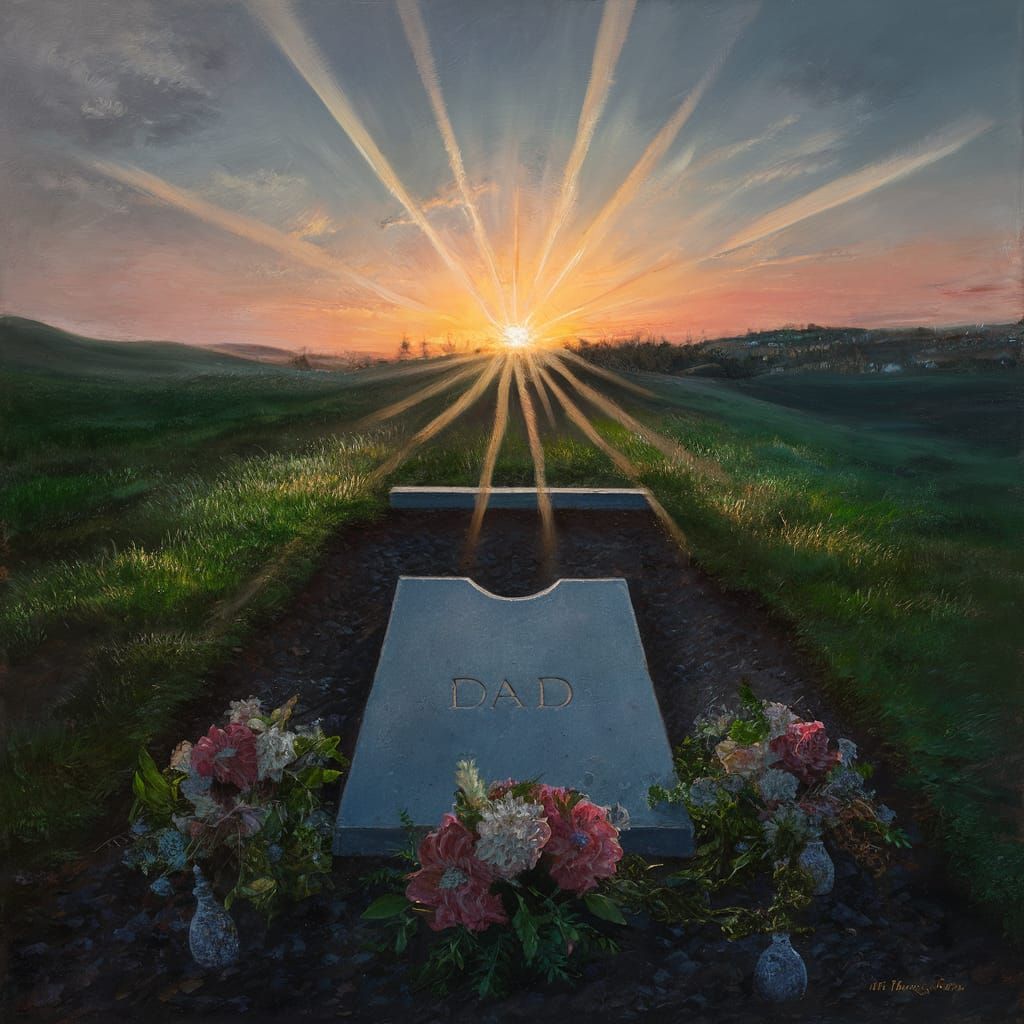 Sunset Over Grave: A Hyperrealistic Painting of Remembrance