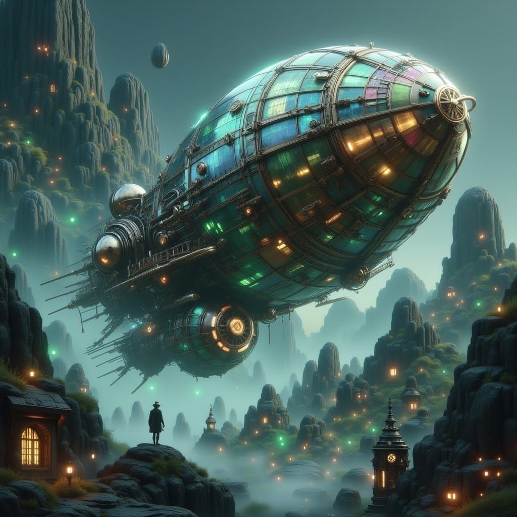 Steampunk Spaceship in Moonlit Landscape