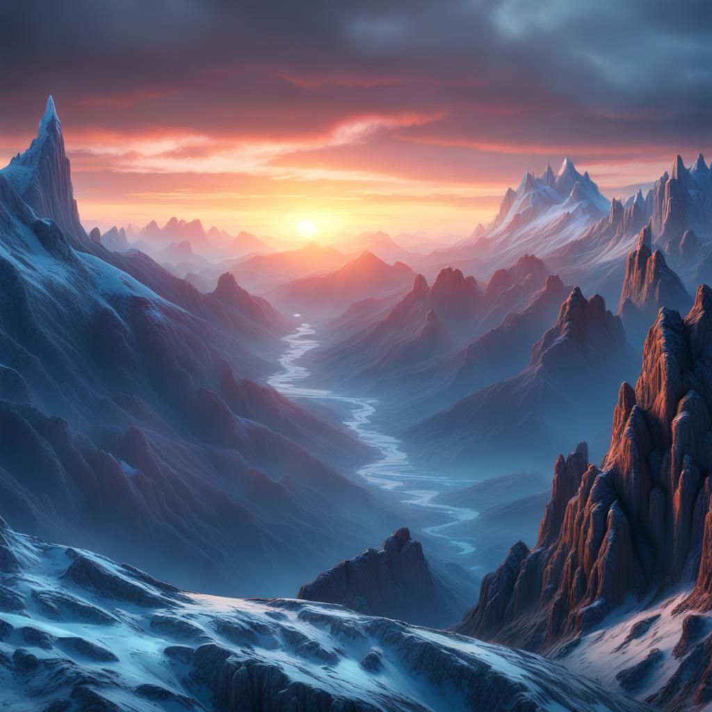Icy Blue Mountains at Sunset: Digital Matte Painting
