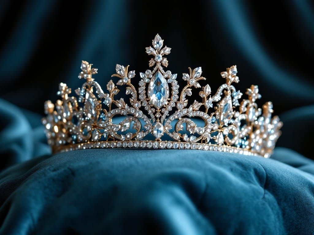 Luxurious Diamond Tiara Rests on Velvet Cushion