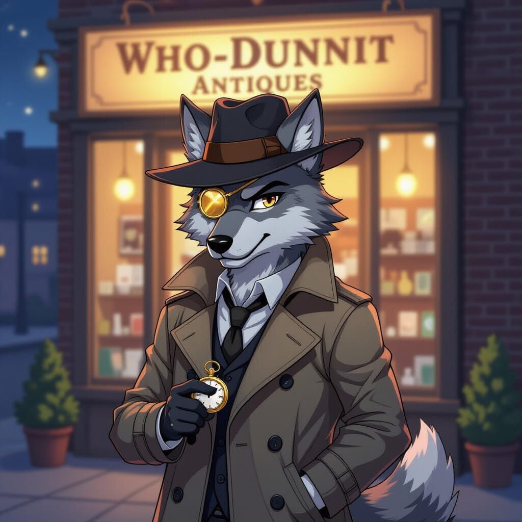 Anthropomorphic Wolf Detective in Gambler Hat
