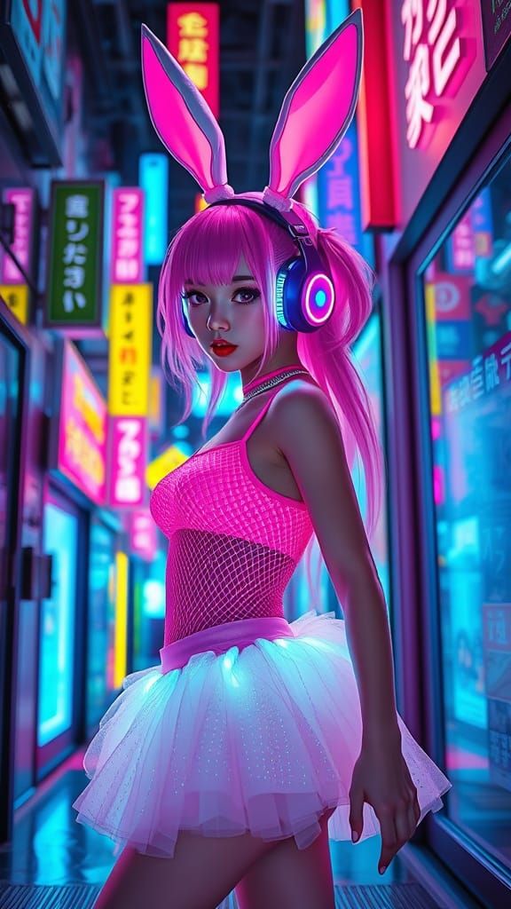 Cyberpunk Girl with Neon Bunny Ears in Vaporwave City