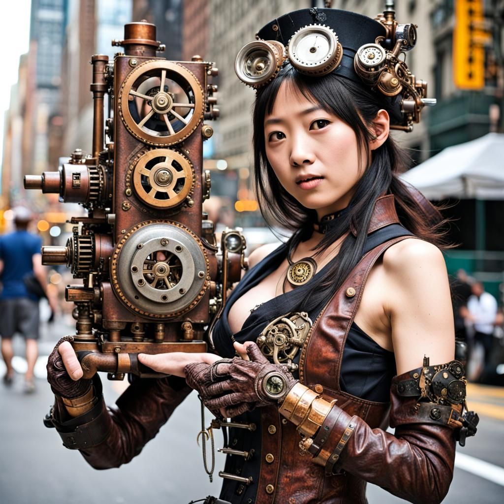 Steampunk Japanese Woman in Fragmented New York City