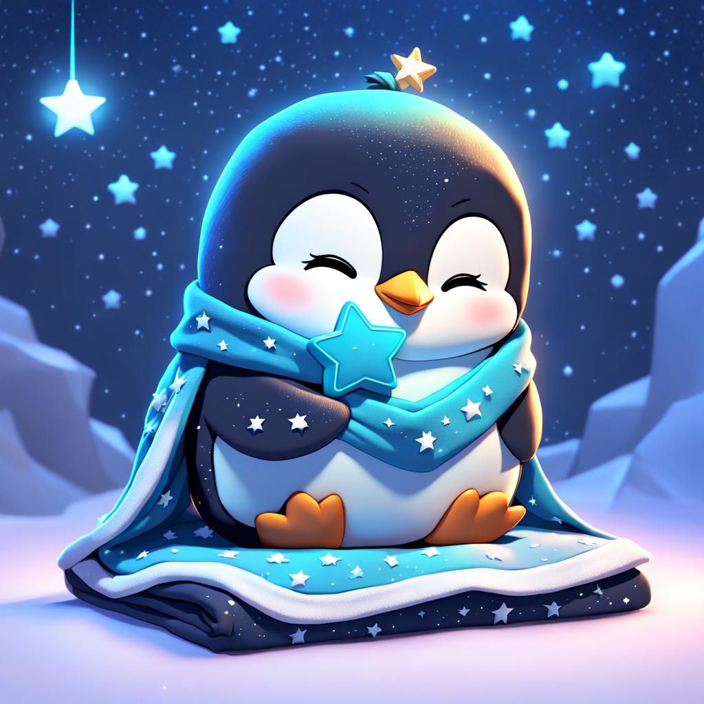 Chibi Penguin Cuddling Star in 3D Digital Art