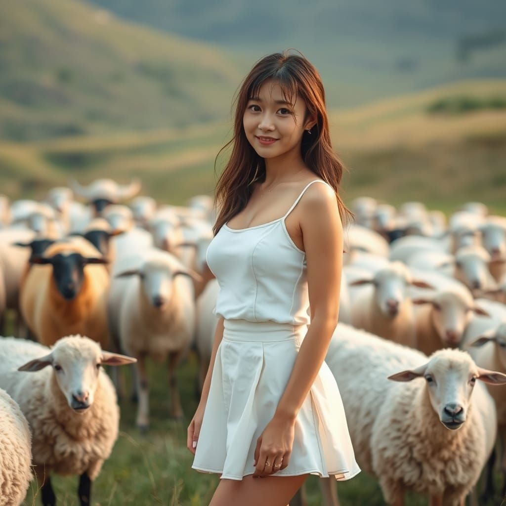 Japanese Woman with Sheep in Valley: Soft Photography