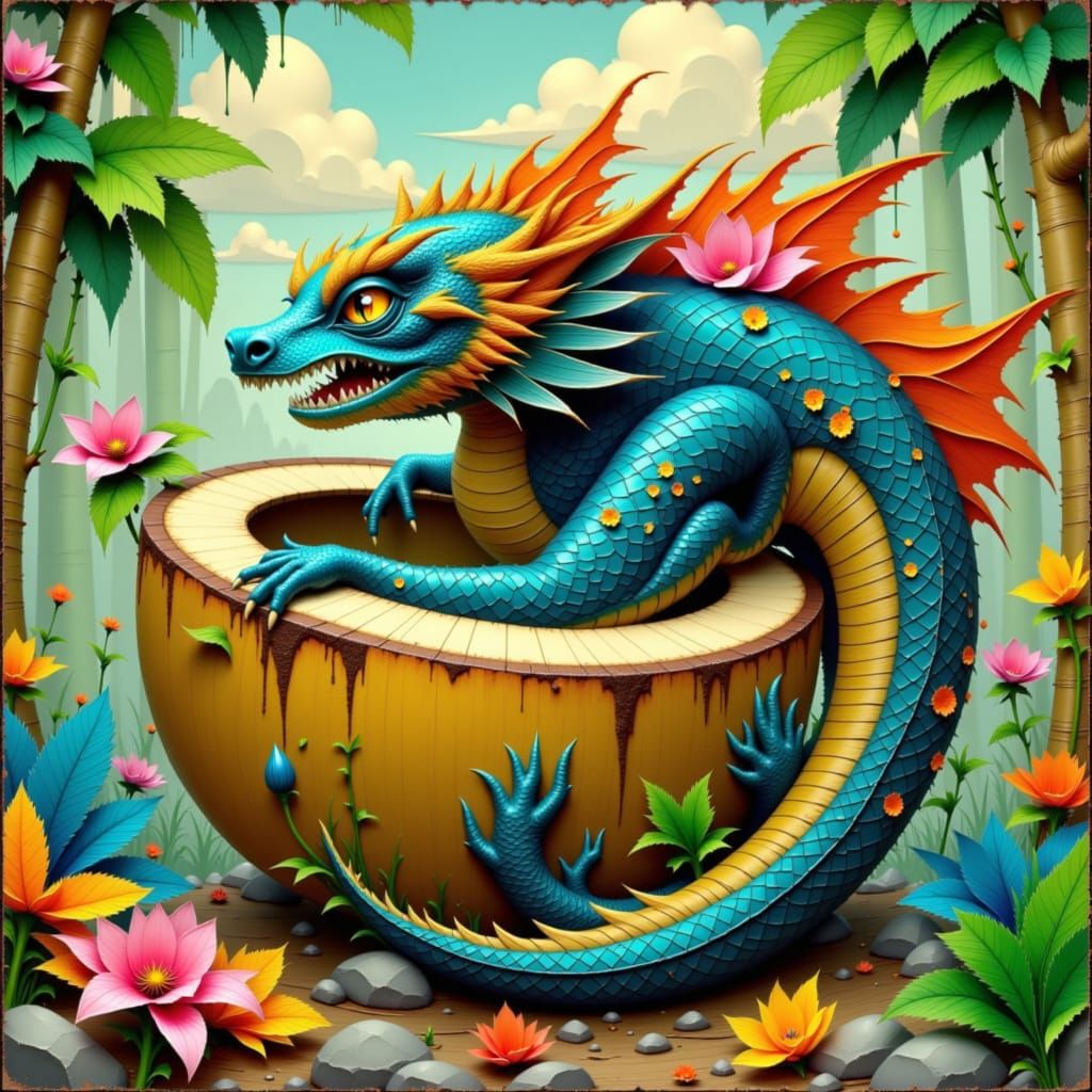 Whimsical Dragon and Coconut Fusion Art