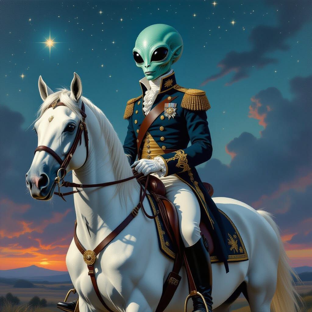 Roswell Alien in Napoleonic Regalia Riding Horse Under Starl...