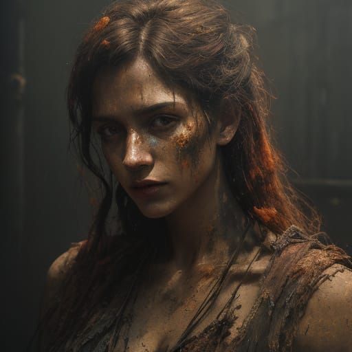 Surreal Figure in Tattered Clothing: Oil Painting